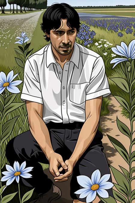 cell shading, drawing, a man in a field of blue flowers , solo, looking at viewer, short hair, shirt, black hair, 1boy, white shirt, upper body, flower, male focus, outdoors, collared shirt, plant