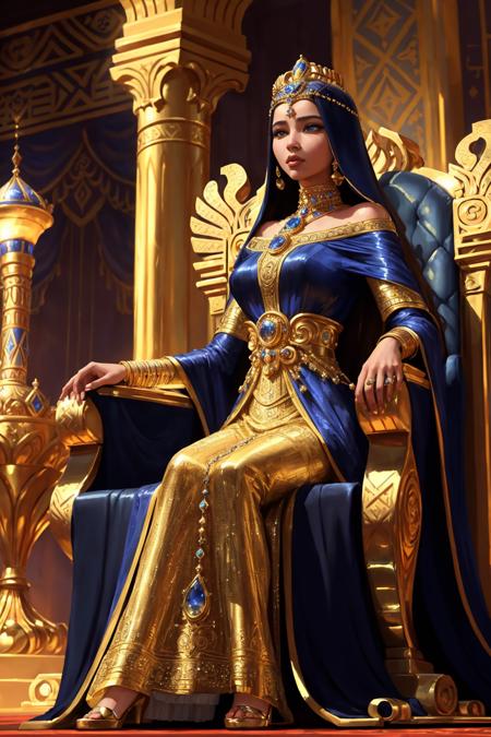 from below, looking up to an Egyptian queen sitting on throne room, sapphire queen (Style-Luxury:1.3), (zrpgstyle) (masterpiece:1.2) (illustration:1.2) (best quality:1.2) (detailed) (intricate) (8k) (HDR) (cinematic lighting) (sharp focus)