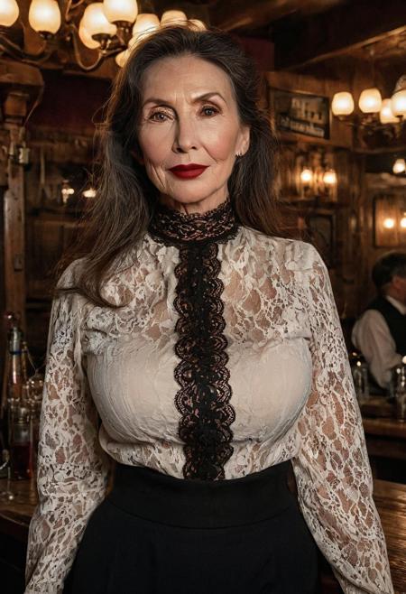 High detail RAW color Photo of (beautiful 60-year-old GILF in a very smoky, old west saloon), at night, mature woman, beautiful ((Amused beautiful, petite, slim)) very long hair, smiling, feminine, large eyes)), massive breasts, wearing laced bodice, black and red lace slip, choker and medallion, realistic, symmetrical, highly detailed, skin pores, skin imperfections, lines, wrinkles, glossy lipstick, full body shot, medium shot, backlight, no fill, Dark art, serious eyes, contrast, textured skin, cold skin pores, hasselblad, 45 degree, hard light, gigapixel