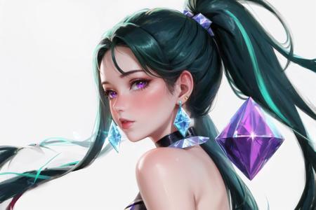 1girl, bangs, bare shoulders, black hair, blush, crystal, earrings, from side, green hair, jewelry, k/da \(league of legends\), kai'sa, long hair, looking at viewer, ponytail, purple eyes, shiny, solo, white background,realistic