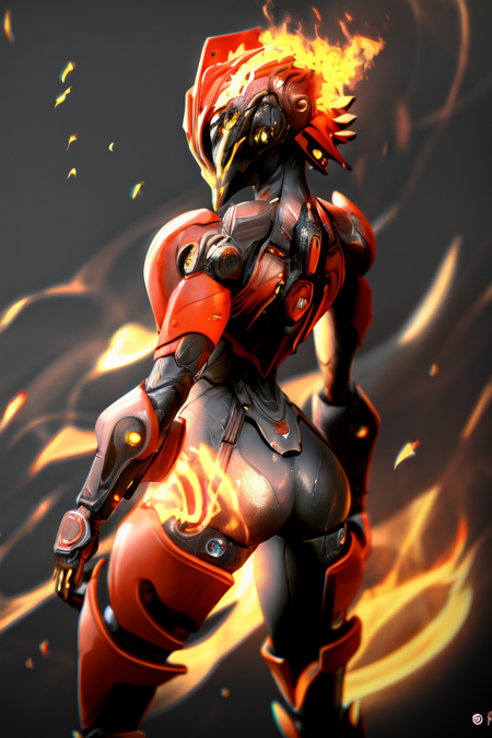 (masterpiece, best quality, high quality, absurdres, soft lighting, film grain, semirealistic),
(1girl, robot, humanoid, solo, good body), (sci-fi theme), (helmet, mecha body, thigh guards, gauntlets), ((black and white body)),
(medium breasts, toned), ((scenery, blazing head, fire, upper body, cool pose, from behind, ass)), <lora:EmberV1:0.8> <lyco:GoodHands-beta2:1>,