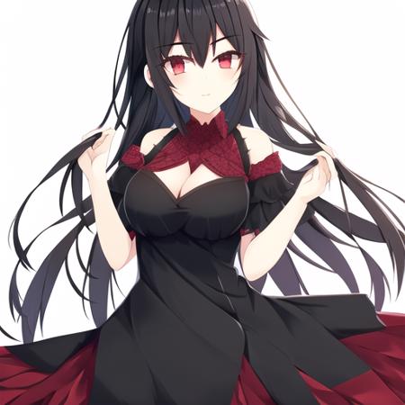 <lora:NibiiroKuroepoch-000003:1>, 1girl, mature, black hair, red eyes, large breasts:1, white dress, simple background,