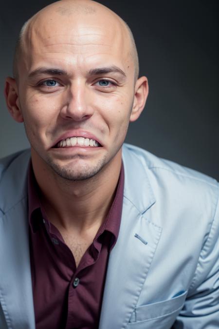 closeup photo of ukrainian man wearing suite waiting on city street, inverted mouth, natural lighting, detailed skin, bald
<lora:inverted_mouth:1>