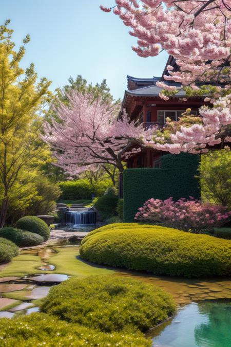 <lora:JJsJapanese_Graden:.6>,masterpiece, best quality,Landscape, scenery, outdoors, building, tree, sky, real world location,  grass, bush, flower, city, water, lawn, sidewalk,sakura, dawn, day, Water pool,
RAW photo, subject, 8k uhd, dslr, soft lighting, high quality, film grain, Fujifilm XT3