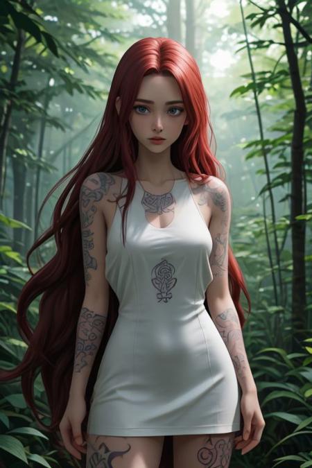 Slender girl, full-length, red long hair, curls, blue eyes, ((tattoos on her arms, tattoos on her legs, tattoos on her chest)), stands in a white light dress, in the middle of a clearing in the forest, the sun's rays