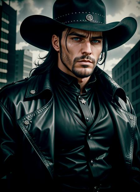 analog style, halfbody shot photo, strong cowboy god, smooth skin, beautiful, lush background, sad, black stylish long coat, detailed eyes, looking at camera, male, atmospheric lighting, 4k UHD, dark vibes, hyper detailed, vibrant colours, epic composition,sharp focus