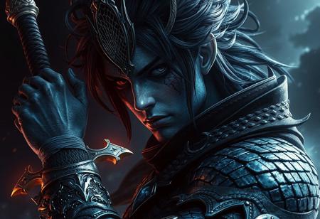 "Create a highly detailed, realistic portrait of a Black Luster Soldier - Envoy of the Beginning with a Divine Sword - Phoenix Blade, inspired by dark souls III and featured on AmiAmi. The character should exhibit a dynamic pose, with blue scales and platinum skin. The design should incorporate elements of video game character design and that of a blacksmith. Consider incorporating dark, mysterious, and cinematic elements, with a focus on sharp, defined features. The final piece should be trending and highly detailed, suitable for a concept art piece."
