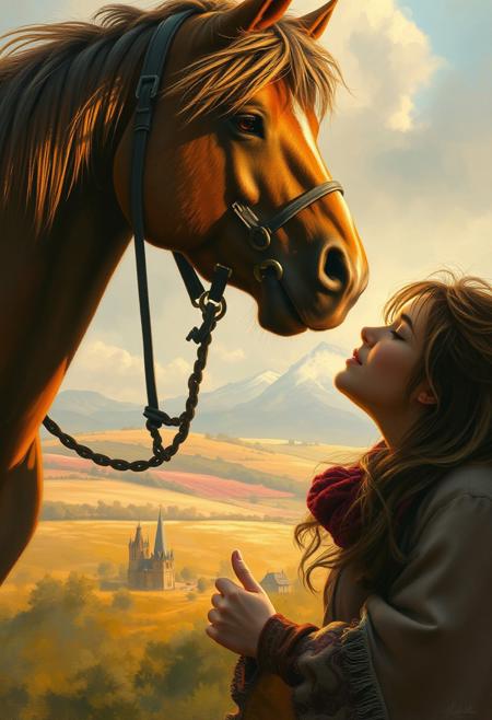richly detailed historical realism, expressive animal and human connection, warm golden light, soft idyllic countryside, painterly brushwork with delicate textures, romanticized yet highly detailed composition, dramatic yet harmonious atmosphere