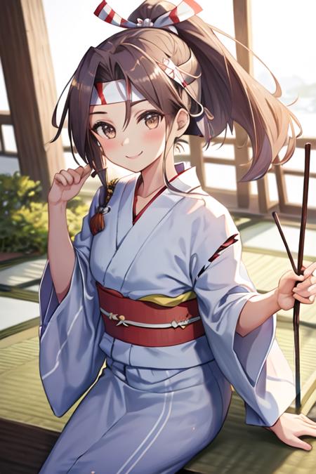 best quality, masterpiece, highres, solo, {yukata:1.40}, {kimono:1.20}, {zuihou_kantaicollection:1.15}, long_hair, brown_eyes, ponytail, brown_hair, headband, hachimaki, high_ponytail, smile, blush