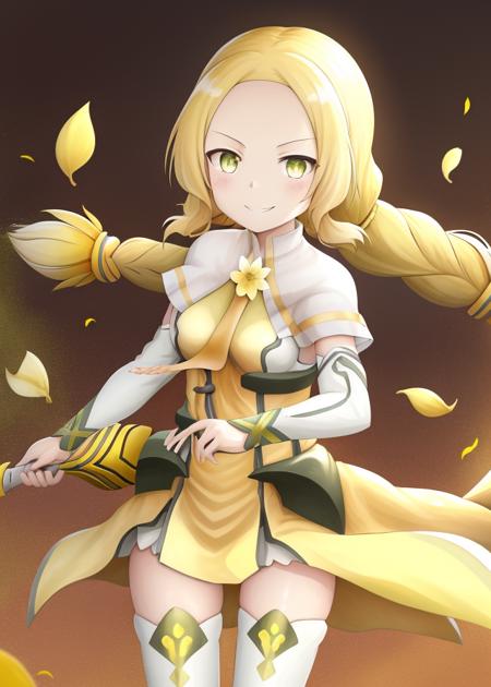 <lora:Inubouzaki_Fuu-10:1>,(Scattering yellow petals, fluttering hair),Inubouzaki_Fuu, 1girl, solo, long hair, looking at viewer, smile, blonde hair, dress, holding, twintails,light green eyes, yellow eyes, weapon, braid, flower, twin braids, capelet, magical girl, yellow dress