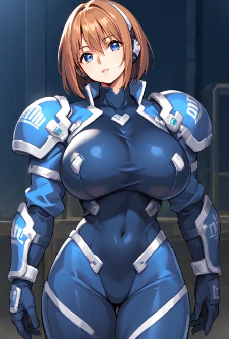 Gloria Chanvalley, blue eyes, short hair, brown hair, armor, bodysuit, ear pad,