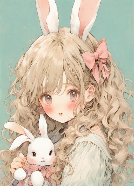 masterpiece, best quality, extremely detailed, detailed background, detailed face, Cute young bunny girl looking at viewer, blush, v, long sleeves, hair bow, bangs, (rabbit ears, wavy hair:1.2), animal ear fluff by Carl Larsson in the style of manga, pastel colors, 
embedding:SimplePositiveXLv1