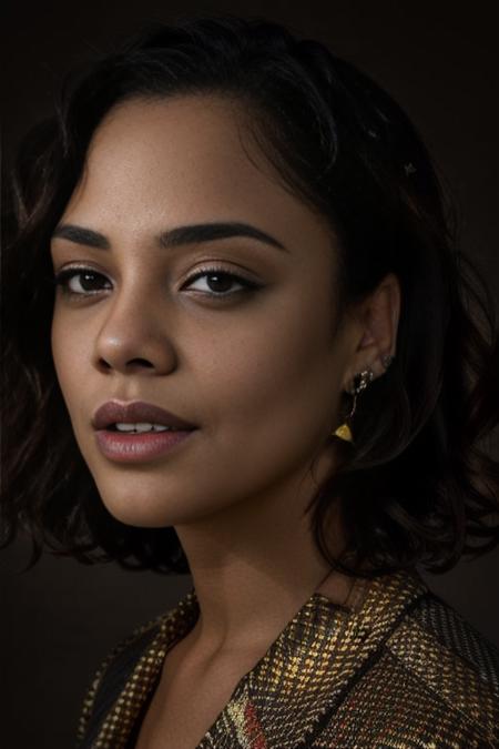 <lora:t3ss1th0mps0n:0.9>, a Realistic portrait of a t3ss1th0mps0n woman, looking at viewer, black hair, jewelry, earrings, parted lips, teeth, black eyes, lips, portrait, close-up, realistic, soft lighting, professional Photography, Photorealistic, detailed, standing in a dark Studio Room background, blurred background, RAW, analog, sharp focus, 8k, HD, DSLR, high quality, Fujifilm XT3, film grain, award winning, masterpiece