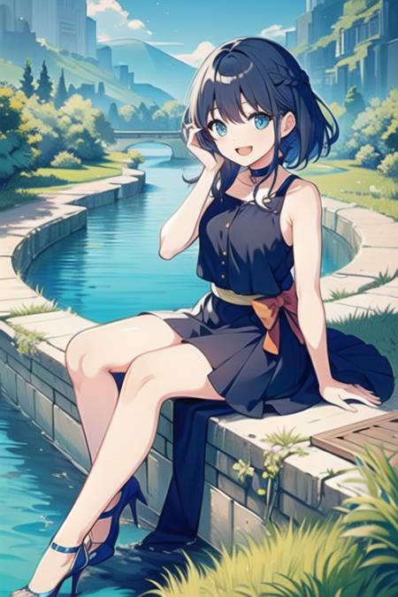 blue eyes,hand on face,dark blue eyes,
1girl, solo,bow, looking at viewer, high heels,bangs, sleeveless, bare shoulders, braid, asta,
id card,sitting,medium hair,
(happy,:d:1.25)
A sparkling river winding through a verdant valley