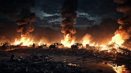 post apocalyptic scene, destruction, fire, in the night, high quality,