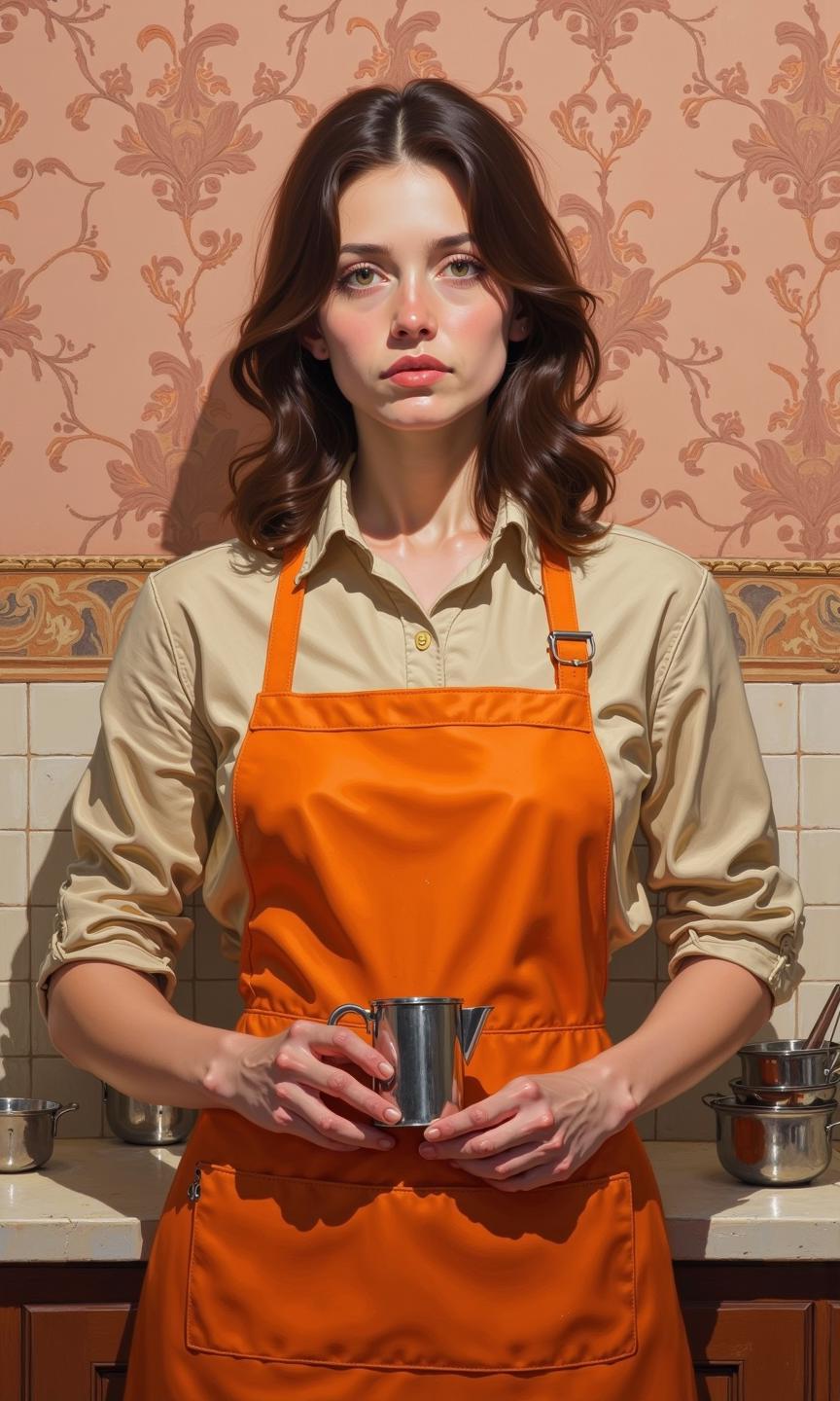 A woman, likely in her late twenties or early thirties, is the focus of a detailed oil painting. She is depicted from the mid-chest up, standing with her arms slightly bent and a small, metallic measuring cup held between her hands in the front pocket of a vibrant orange apron.
The woman has medium-length, dark brown hair styled in neat waves. Her expression is serious, almost neutral, with her gaze directed straight ahead. She wears a light beige, or cream-colored, button-down top underneath the orange apron. The apron's color is a slightly deeper, more saturated orange. The folds and creases of the fabric are meticulously rendered, creating a sense of volume and texture.
The background is a muted, peachy-pink wall with a repeating, subtle floral or damask pattern subtly visible in the background. This background has a rich variety in its tones and shading which brings out the image's subjects.
The lighting is focused on the subject, highlighting her face and the textures of her clothing. The space that the woman is positioned in appears to be a kitchen or domestic area, as small, similarly colored items that are likely measuring cups or bowls are seen on a light-colored countertop. 
The style of the painting suggests a detailed realism, focusing on accurate portrayal of form, color, and light and shadow.
<lora:FLUX-daubrez-DB4RZ-v2:1> DB4RZ, DB4RZ style painting