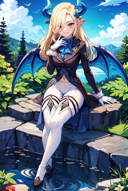 bbianca, black dress, white gloves, white pants, demon wings, thighhighs, thigh boots, hair ornament bbianca