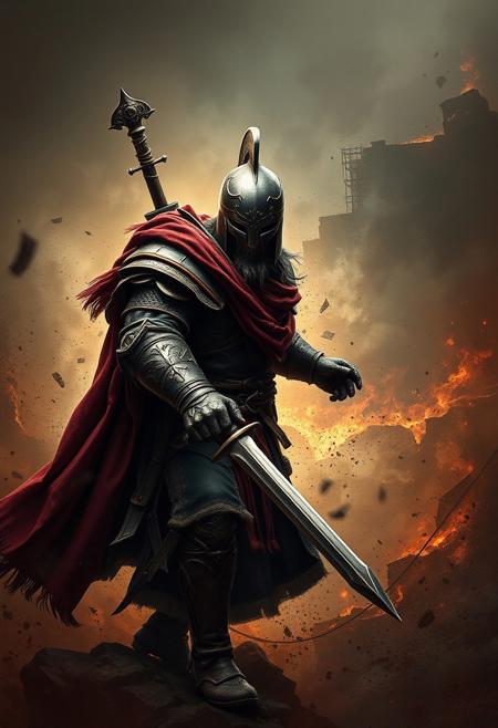 epic warrior, war torn background, epic quality