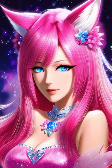 1girl, animal ears, pink hair, hair ornament, flower, solo, hair flower, blue eyes, long hair, upper body, clothing cutout, dress, pink dress, fox ears, mole under eye, looking at viewer,shiny,shiny skin,milf,(mature female:1.2),<lora:fashigirl-v6-sdxl-5ep-resize:0.7>