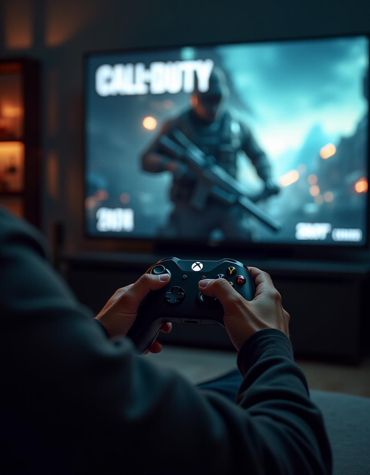 A portrait of Jordan Bardella playing Call of Duty  with an xbox controller, large TV with Call of Duty game in the background, natural photo cinematic, (35mmstyle:1. 2), Highly detailed RAW color Photo, top Angle, (highly detailed, hyperdetailed, intricate), (lens flare:0. 7), (bloom:0. 7), particle effects, raytracing, cinematic lighting, shallow depth of field, 35mm wide angle lens, sharp focus, cinematic film still, dynamic angle, Photography, 8k, Jordan Bardella <lora:Jordan_Bardella_FLUX_DEV_LORA:1>