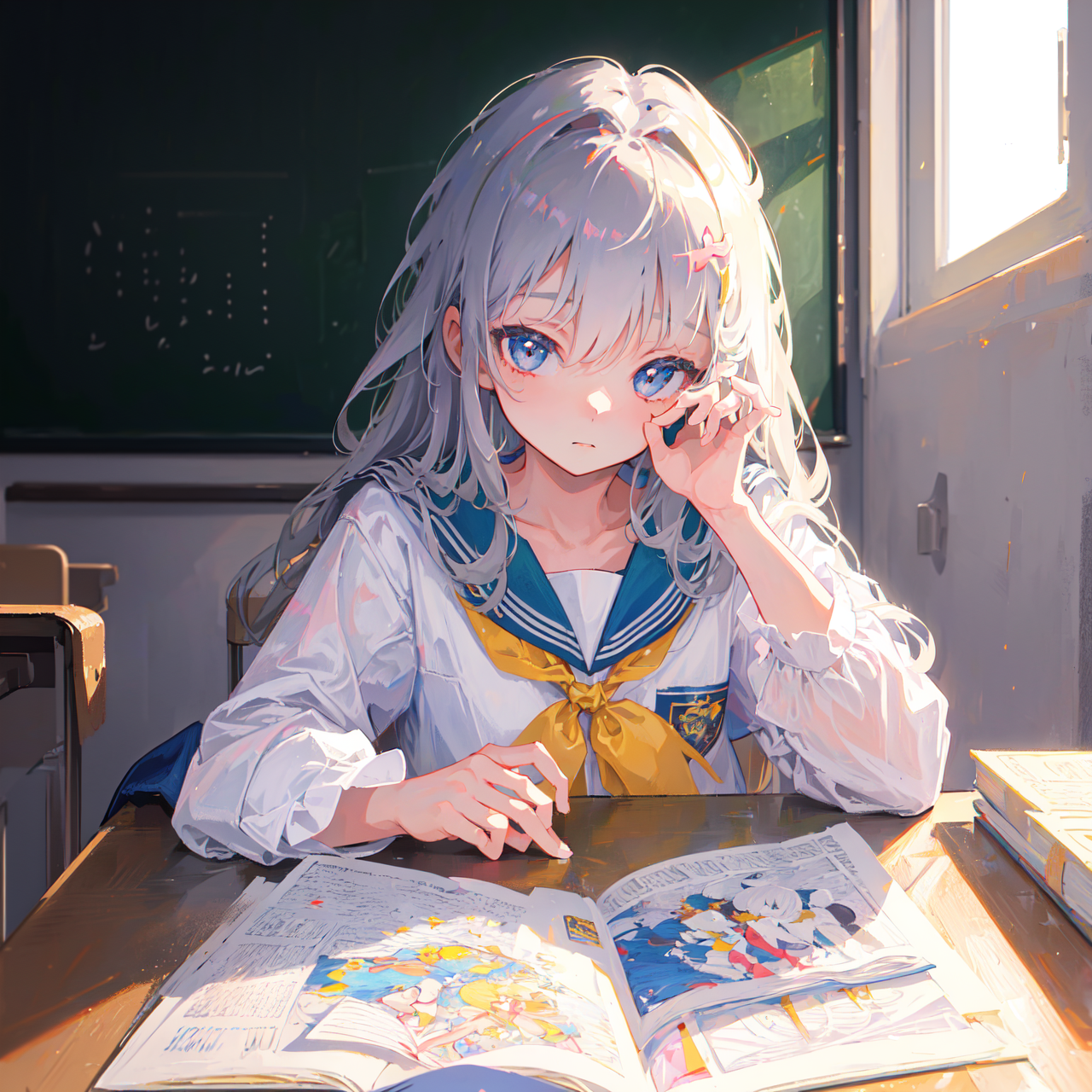 (masterpiece,best quality:1.4),ultra-detailed,illustration,
(solo,1girl,loli:1.2),
Classrooms, school uniforms,