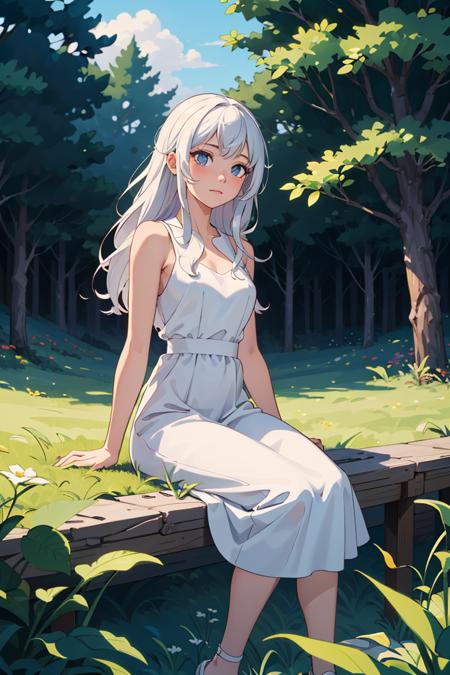 (masterpiece),( best quality), detailed background, cinematic lighting, outdoor, 1girl with long white hair sitting in a lush field, plants and flowers, white dress, gentle breeze