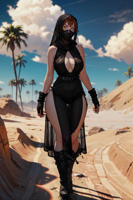 t3mp0h00d,bare shoulders,sleeveless,belt,hood,fingerless gloves,see-through black dress,mask,cleavage cutout,veil,side slit,covered mouth, boots,