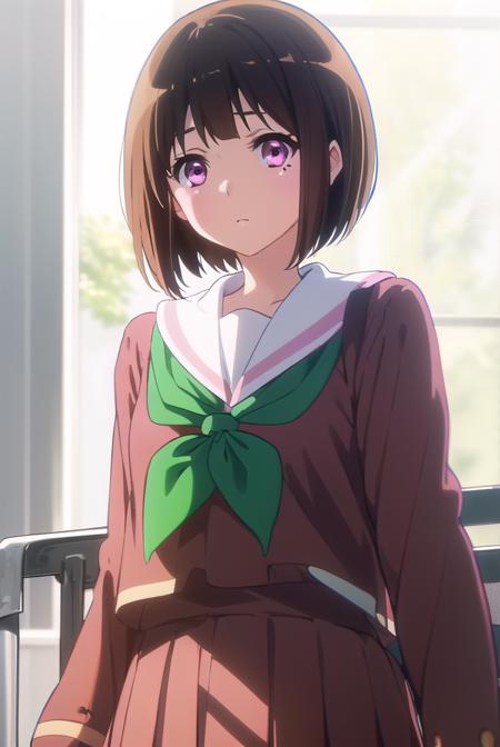 kaorinakaseko, <lora:kaori nakaseko s2-lora-nochekaiser:1>,
kaori nakaseko, short hair, bangs, brown hair, (pink eyes:1.3), mole, mole under eye,
BREAK skirt, shirt, long sleeves, school uniform, pleated skirt, serafuku, neckerchief, (brown skirt:1.2), white sailor collar, (brown shirt:1.2), kitauji high school uniform, (green neckerchief:1.5),
BREAK indoors, classroom,
BREAK looking at viewer, (cowboy shot:1.5),
BREAK <lyco:GoodHands-beta2:1>, (masterpiece:1.2), best quality, high resolution, unity 8k wallpaper, (illustration:0.8), (beautiful detailed eyes:1.6), extremely detailed face, perfect lighting, extremely detailed CG, (perfect hands, perfect anatomy),