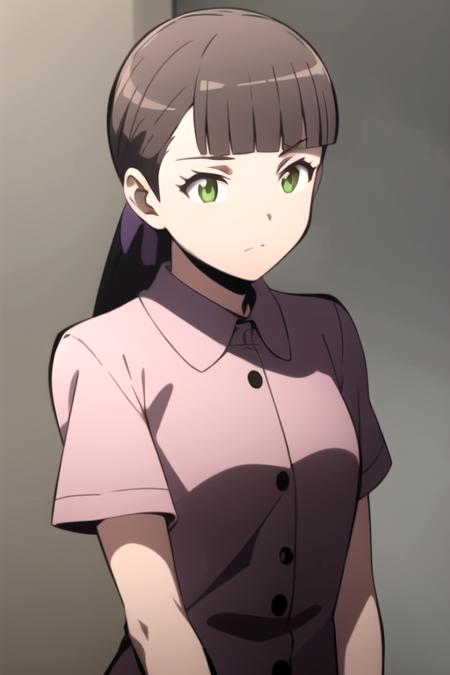 masterpiece, best quality, ultra high res, 1girl, <lora:MegKataokaR4:0.7>,MegKataokaR4, green eyes, black hair, simple background,long hair, ponytail