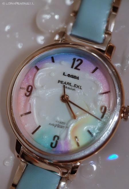 lazypos,aesthetic,extremely aesthetic,masterpiece,flowing,pool of liquid,overflowing,made of l1qu1dp34rl,metal,pearl,liquid pearl,pearlescent,pastel colors,rainbow,watch,no human,pocket watch,watch face,clock face,close up,macro photography,macro photo,liquid,filled,filled with liquid,liquid pouring from watch,oozing,<lora:liquidpearlXL_r1:1>,