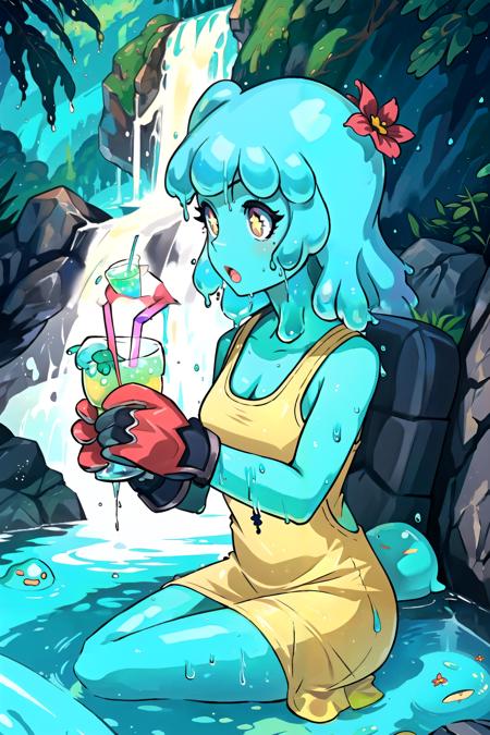 1girl, <lora:junoslime-20:1> junoslime, slime girl, flower, hair flower, from side, outdoors, cowboy shot, holding drink, gloves, long dress, yellow dress, star-shaped pupils, :o, wet clothes, wet, sitting on water, water, waterfall, showering,, Masterpiece, best quality, Masterpiece, best quality, Masterpiece, best quality, Masterpiece, best quality, Masterpiece, best quality, Masterpiece, best quality