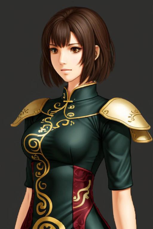 1girl, solo, simple black background, brown hair, short hair, bangs, chinese dress, upper body, Halfbody, Tellius-Style, FE10-Style, Vanilla Fire Emblem, No Frames