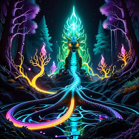 masterpiece ,best quality,amazing quality,very aesthetic,absurdres,newest, mad light,  forest, dragon with glowing eyes, bioluminescence  linear hatching, liquid splash, melt, vivid colors, psychedelic, acid trip, highly detailed, absurdres, surreal, meandering lines, rainbow gradient swirls, Striped, warp, distortion, surrealism, scenery,   <lora:Biolumins v1:0.7> <lora:spo_sdxl_10ep_4k-data_lora_webui>