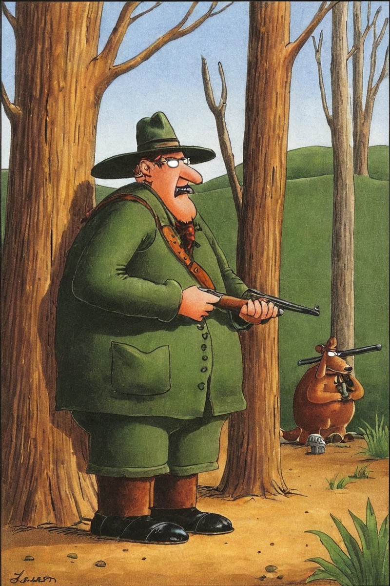 a color far side comic strip illustration of  a hunter, by Gary Larson, <lora:Gary_Larson_Style_XL_Color_Far_side-000005:1>