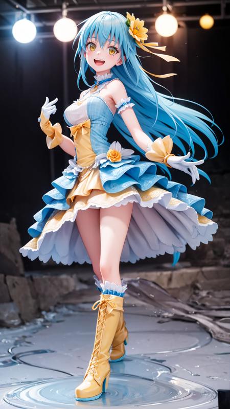 (masterpiece, best quality), ray tracing, absurdres, HDR, rimuruparty, rimuru tempest, 1girl,  light blue hair, yellow eyes,medium breasts,,long hair, flower, hair ornament, hair flower, smile, boots, gloves, looking at viewer, bangs, dress, solo, hair between eyes, full body, open mouth,bloomers,  <lora:rimuruparty:0.8>