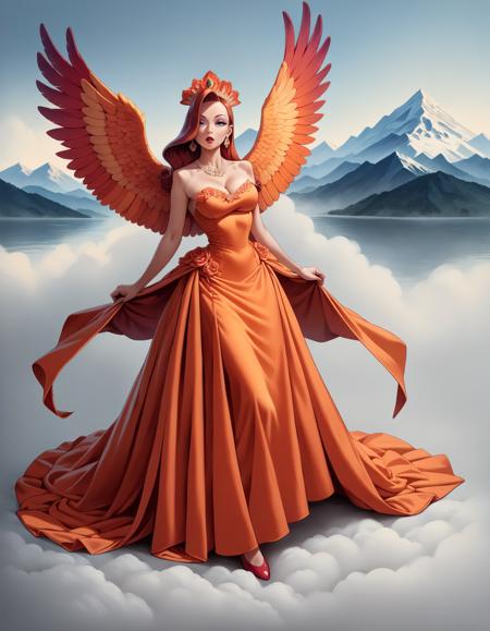 Ph03n1x_1, jeweled orange dress, earrings, opulent large feathered headdress, necklace, red and orange feathered wings