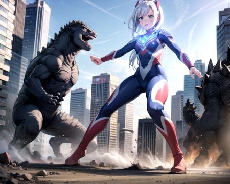 extremely detailed CG unreal engine 8k, best quality, (detailed fingers, detailed hands, detailed face), all intricate, beautiful detailed 1girl, (ultragirl :1.0), ultraman bodysuit, GTS, full body, (angry, serious), fighting stance, full body, standing, facing monster, detailed damaged buildings behind, outside,
(Godzilla attacking), monster, battle with monster, looking at girl
<lora:Ultragirl-Lora12-Blue-000004:1> <lora:GTSv5:0.8>