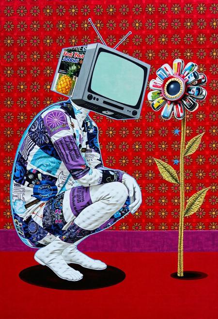 JNANX,luminous white silhouette,cyan glow,emerald highlights,flickering outline,dreamlike movement,
A detailed mixed-media collage. A central humanoid figure is depicted in a crouched, contemplative pose, its body a vibrant patchwork of diverse fabric swatches in shades of blue, purple, and white, featuring circular motifs, floral designs, and geometric patterns. The figure's head is replaced by a retro-style television set, angled upwards, its screen a pale, blank greenish-white, and its casing adorned with colorful commercial packaging designs, including pineapple imagery. To the right, a stylized, somewhat mechanical flower-like structure stands on a slender, textured golden stalk; its 'bloom' is a composite of found objects, including a central red and white circular element, surrounded by translucent petal-like pieces and metallic accents. The background is a vivid, textured red canvas with a repeating pattern of small, golden-yellow asterisk or starburst shapes. A solid band of deeper, matte red forms the ground upon which the figure rests.