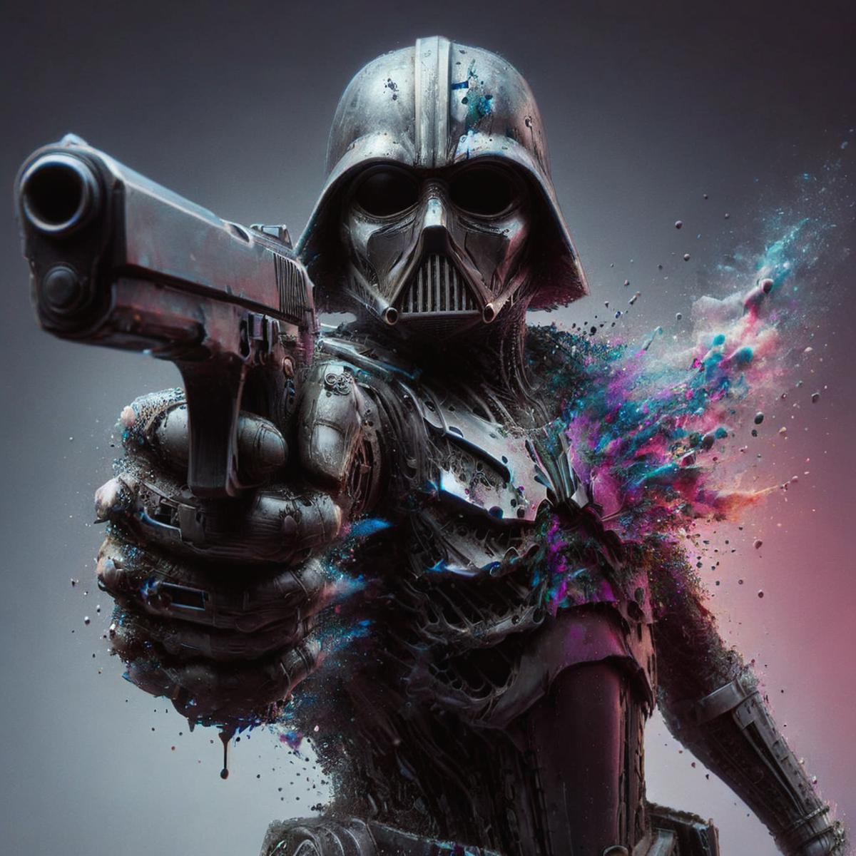 A Darth Vader action figure holding a gun with an explosion in the background.