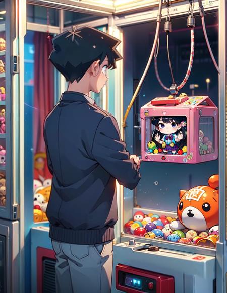 (((masterpiece))), (((best quality))), ((claw machine)), hands on bottom panel, control long joystick and press button, using clamp to pull the toy up, komi shouko, school uniform, claw machine, <lora:girllikeclawmachine_v20:0.6>,  <lora:komiCantCommunicate:0.7>