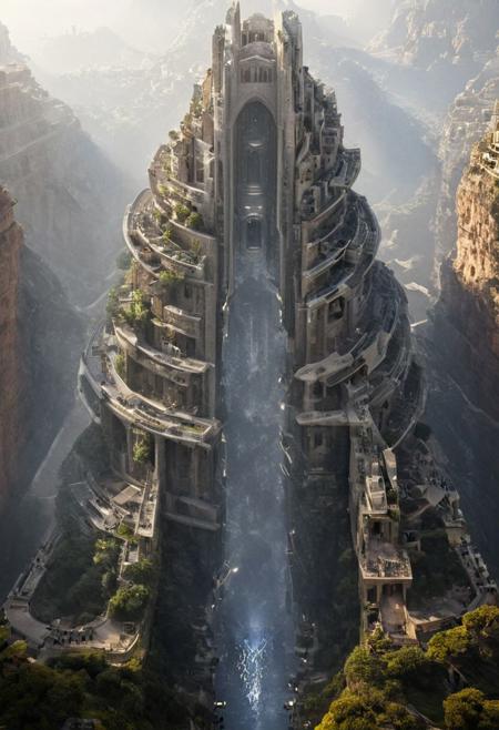 POV view , DOF,
(Ancient civilization, Alien Prometheus movie scene, dune movie scene:1.5), (The colonial city of the future, in the mist-filled Grand Canyon, on an unknown Earth-like planet, 2 moon on sky, Spaceship flight connects colonies, waterfulls:1.3), (Machu Picchu, a mountain settlement, incredibly spectacular:1.2), (Mario Botta:1.3), (avant-garde, future, reality, science fiction, photorealistic), (modern architecture:1.2), White limestone with black granite, fountain, waterfall, landmark, square, path, narrow street,
(Large Files, Ultra Realistic, 8K, 16k, FHD, HD, VFX, Perfect, Photography, composition, Architecture Sales Photography, Architecture Competition, Ultra High Resolution, Cinematography, High Resolution Image:1.1), (dramatic lighting, direct sunlight, ray tracing, clear shadow:1.2),  (real landscape:1.1), (blurred background:1.0), (urban background, more_details) ,
great lighting, clear, hillscastel, <stardeaf-cold-arc>, xtower, industrialbuilding