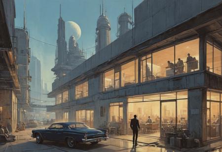 linquivera, liiv1, on parchment, style of ((Ralph McQuarrie and Syd Mead)), a digital painting depicting a mid-century office view from the inside looking outside. Large glass windows from floor to ceiling. 
Bright light vector art illustrations. Modern office with large windows, lots of wood, ((glass windows floor to ceiling)), ((Sharp angled ceiling with exposed wood beams)) in a typical mid century style. creating an indoor-outdoor living feel. Sharp angled ceiling, providing a dynamic, asymmetrical look, ((one Solo guy in T-shirt working on laptop)), Flat vector art, art, office space, inside looking outside, retro designer type guy, a 1950’s pulp magazine cover art. in the style of minimal retouching, 
 The city around it is composed of tall, slender buildings with (cyberpunk-style architecture), featuring protruding structures and neon lights. In the hazy sky, (airships or futuristic vehicles) float above, hinting at advanced technology and a busy urban atmosphere. The color palette is predominantly (desaturated tones of beige and blue), 
with bright colored foreground subjects, with the scene set against a backdrop of what could be a smog-filled sky, creating a sense of depth and scale. The artwork combines elements of nostalgia with speculative future technologies, presenting a visually rich, sci-fi environment.