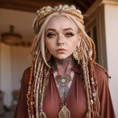 m0rg1n, boho outfit, blond dreads piled up <lora:m0rg1n_v2-000006:1> makeup