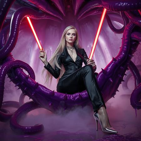 slender arrogant cold  russian blonde lady wearong  black glossy satin  business trouser suite with lace inserts and opulent  glossy high heels, jewels, elegant red light saber, entangled in long tentacles, sitting in giant purple alien carnivorous flower with glossy spiked petals, covered with giant ultrathin transparent glossy slime veils,  under slimy tentacles canopy,  giant portal to outer space, fog from the floor,  weird alien hive slime walls and fleshy floor, horror, fashion look, hollywood, vogue makeup, porcelain skin, long haired, ultrathin waisym reminiscent of H.R. Giger, Zdzisław Beksinski, and Ash Thorp's dark, sleek styles, with close-up glamour photography, glossy satin and silver heels glistening, fleshy slime dripping, and dark shadows.