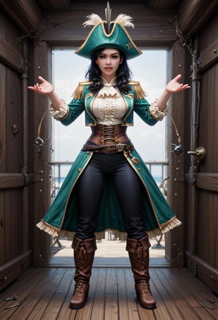 score_9, score_8_up, score_7_up,  1girl (medium full shot) of (attractive young woman:1.1) pirate japanese with black hair styled in twin-tails, dark brown eyes, pale skin, petite,             wearing Emerald green velvet jacket over a ruffled shirt, black trousers, tricorn hat with a ribbon, buckled boots, hook hand, wielding blunderbuss with a short barrel and wide bore, ,in ecstasy, casting magic pose,  relaxed,           in  wooden deck of a pirate ship or privateer vessel, with billowing sails and rigging overhead, as well as with cannons and swivel guns bristling from the gunwales, offering a commanding view of the open sea and the horizon beyond  Masterpiece,best quality, photorealistic, amazing quality, very aesthetic, extremely detailed face,