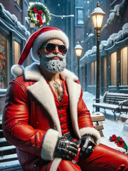 ral-santa, gangster santa, santa sitting on a bench in a snowy city, cool interpretation <lora:ral-santa-sdxl:1>