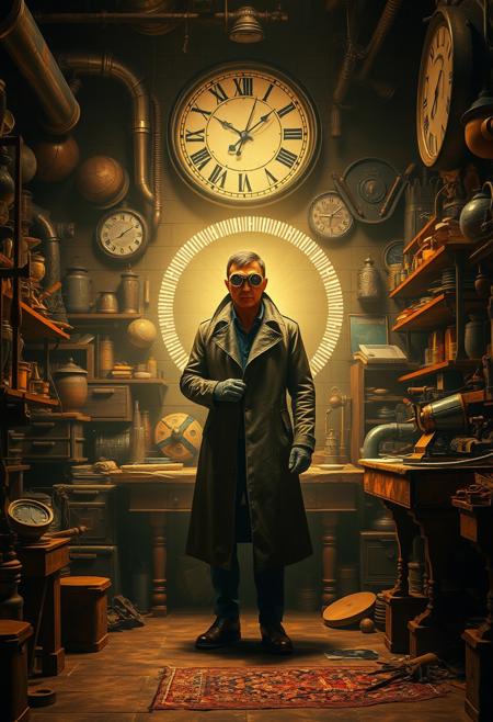 Create a cluttered, dimly lit workshop filled with strange and exotic artifacts from different eras and cultures. There's a workbench in the center of the room, covered in tools and half-finished projects, and a large, ornate clock on the wall that seems to be ticking away with an otherworldly rhythm. In the center of the image, a lone figure stands, surrounded by a halo of soft, pulsing light. The figure is dressed in a long, worn leather coat and a pair of goggles perched on their forehead, and is holding a strange, glowing device in one hand. Style: cluttered, dimly lit, mystical. Colors: warm, golden, glowing. Highest-Quality, 4k, Masterpiece