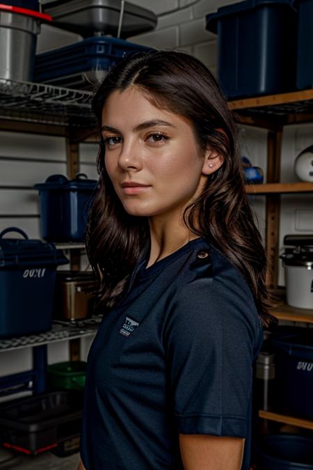 masterpiece, best quality, detailed face <lora:Monica1873Barbaro:1> a woman, 1girl, solo, m1873b,  wearing navy tshirt in garage