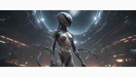 stunning view of a strong 13 year preteen tomboys xenomorph with tentacles and white scales for skin , wearing cloth bandage wraps  electronically-lit in the fashion Eve online  Warframe  Total Recall  Minority report 
Contact,   looking  over a star-ship or space ship hanger
 strong muscular  (muscle striations bodybuilder) body showing off her visible (super-flat toned defined chiseled ripped abs),  hair tattoos multicolored dyed shaved sides hairstyles, ((glowy multicolored burning eyes)) magical,
fire in the sky.  hair tattoos, inside of futuristic split level, white, space age space station orbiting a gas giant with many moons in an oval room relaxing kissing and large rounded windows /
IMAGINE THE WHOLE SCENE AS IF 1000 YEARS IN THE FUTURE doing something interesting
 ,4k, photorealism,