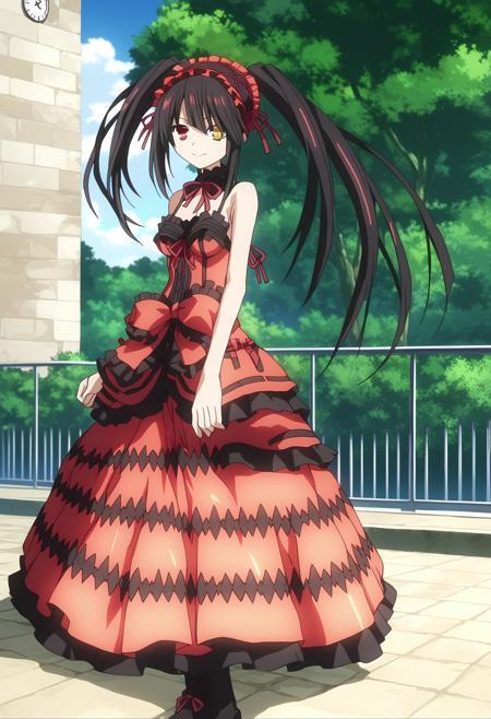 kurdef, long hair, black hair, twintails, red eyes, yellow eyes, clock eyes, heterochromia, bare shoulders, detached sleeves, choker, red dress, cleavage, bow, black thighhighs, lace-up boots, kurdress, long hair, black hair, red eyes, hair over one eye, low twintails, black dress, long sleeves, hair bow, hair flower, knee boots, black footwear, pantyhose,  kurng, long hair, black hair, twintails, red eyes, hair over one eye, yellow eyes, heterochromia, clock eyes, anime screencap, anime coloring,